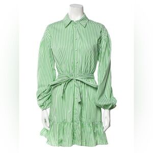 CINQ A SEPT Mint Green and White Stripe Long Sleeve Mini Ruffle Shirt Dress 4